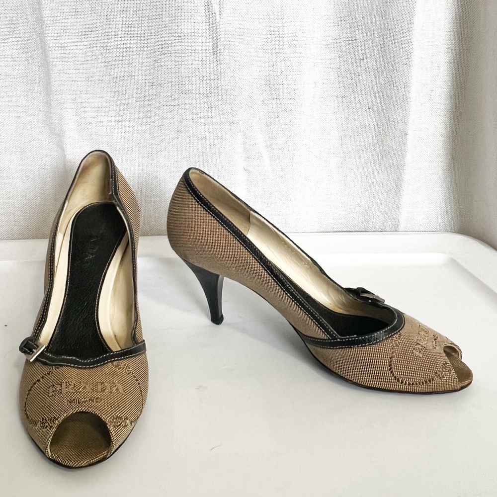 Vintage Prada Brown Buckle Canvas Leather Peep Toe Kitten Heels